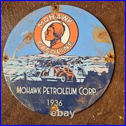 Vintage 1936 Mohawk Petroleum Corp Gasoline Oil Gas Pump Enamel Porcelain Sign