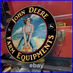 Vintage 1937 John Deere Farm Equipment Products Porcelain Gas & Oil Pump Sign