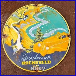 Vintage 1937 Richfield Go Place Us Gasoline Oil Gas Pump Enamel Porcelain Sign