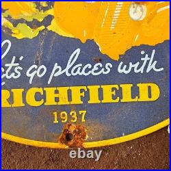 Vintage 1937 Richfield Go Place Us Gasoline Oil Gas Pump Enamel Porcelain Sign
