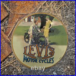 Vintage 1938 Levis Two Stroke Motor Cycles Porcelain Gas Oil 4.5 Sign