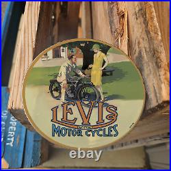 Vintage 1938 Levis Two Stroke Motor Cycles Porcelain Gas Oil 4.5 Sign