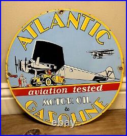 Vintage 1939 Atlantic Gasoline Porcelain Sign Aviation Motor Oil Flying Service