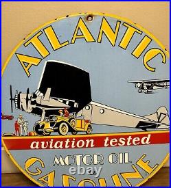 Vintage 1939 Atlantic Gasoline Porcelain Sign Aviation Motor Oil Flying Service