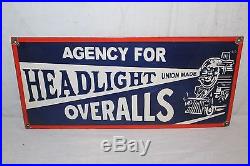 Vintage 1940's Headlight Overalls Blue Jeans Gas Oil 24 Porcelain Metal Sign