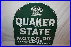 Vintage 1940's Quaker State Motor Oil 2 Sided 29 Porcelain Metal SignNice