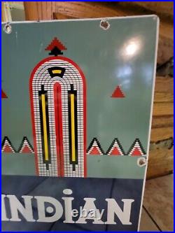 Vintage 1943 Indian Gasoline/oil Pump Plate Advertising Porcelain Metal Sign