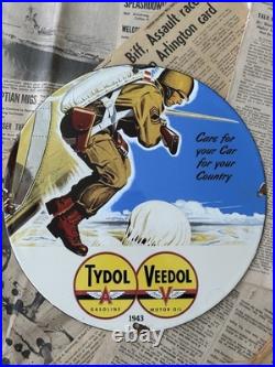 Vintage 1943 Tydol Gasoline Veedol Motor Oil 12 Inch Porcelain Enamel Sign