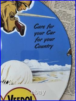 Vintage 1943 Tydol Gasoline Veedol Motor Oil 12 Inch Porcelain Enamel Sign