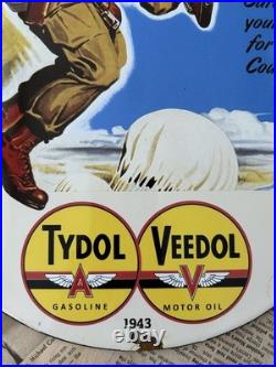Vintage 1943 Tydol Gasoline Veedol Motor Oil 12 Inch Porcelain Enamel Sign