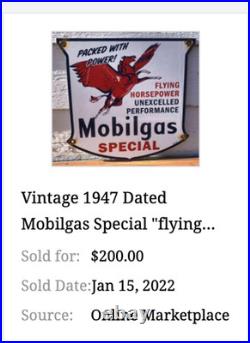 Vintage 1947 Mobil Mobilgas Special Pegasus 1' Porcelain Metal Gasoline Oil Sign