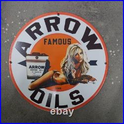 Vintage 1949 Arrow Famous Old Us Gasoline Oil Gas Pump Enamel Porcelain Sign