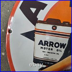Vintage 1949 Arrow Famous Old Us Gasoline Oil Gas Pump Enamel Porcelain Sign