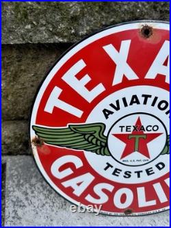 Vintage 1949 Dated Texaco Aviation Tested Gasoline Wings Porcelain Sign Gas Oil