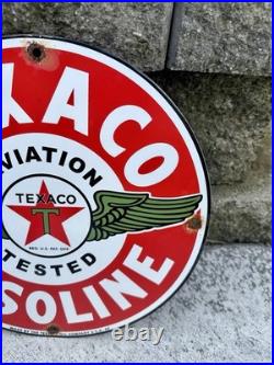 Vintage 1949 Dated Texaco Aviation Tested Gasoline Wings Porcelain Sign Gas Oil