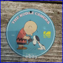 Vintage 1950 Kodak Camera Peanuts Porcelain Gas Oil 4.5 Sign