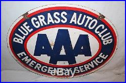 Vintage 1950's AAA Blue Grass Auto Club Gas Oil 2 Sided 30 Porcelain Metal Sign