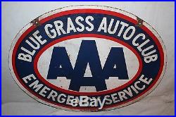 Vintage 1950's AAA Blue Grass Auto Club Gas Oil 2 Sided 30 Porcelain Metal Sign