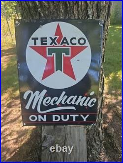 Vintage 1950's Texaco Mechanic On Duty Porcelain Gas Station Pump Sign 16 X 12 Vintage 1950's Texaco Mechanic On Duty Porcelain Gas Station Pump Sign 16 X 12