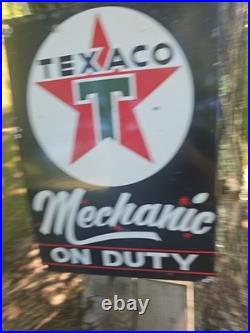 Vintage 1950's Texaco Mechanic On Duty Porcelain Gas Station Pump Sign 16 X 12 Vintage 1950's Texaco Mechanic On Duty Porcelain Gas Station Pump Sign 16 X 12