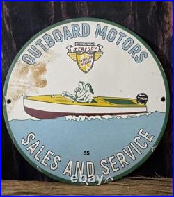 Vintage 1955 Mercury Outboard Motors Sales And Service Porcelain Sign 12