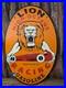 Vintage 1956 Lion High-octane Racing Gasoline Porcelain Sign 16.5×11