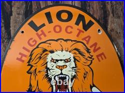 Vintage 1956 Lion High-octane Racing Gasoline Porcelain Sign 16.5×11