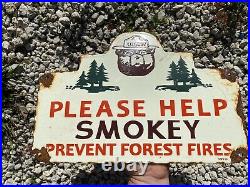 Vintage 1956 Smokey Bear Porcelain US Forest Service Natl Park Fire Gas Oil Sign