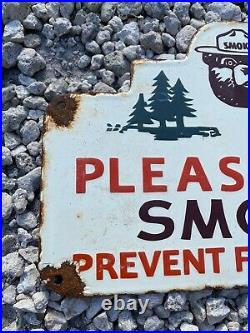 Vintage 1956 Smokey Bear Porcelain US Forest Service Natl Park Fire Gas Oil Sign