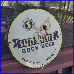 Vintage 1956 Sunshine Bock Beer Porcelain Enamel Gas & Oil Garage Man Cave Sign