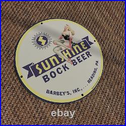Vintage 1956 Sunshine Bock Beer Porcelain Enamel Gas & Oil Garage Man Cave Sign
