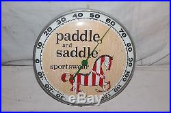 Vintage 1957 Paddle & Saddle Sportswear Gas Oil 12 Metal Glass Thermometer Sign