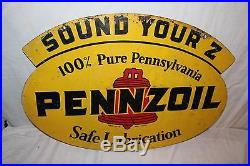 Vintage 1957 Pennzoil Sound Your Z Motor Oil Gas Station 2 Sided 31 Metal Sign