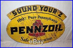 Vintage 1957 Pennzoil Sound Your Z Motor Oil Gas Station 2 Sided 31 Metal Sign