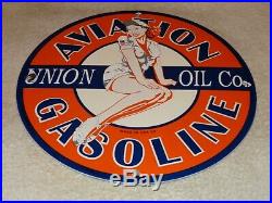 Vintage 1959 Union Aviation Pin Up Model 11 3/4 Porcelain Metal Gas & Oil Sign
