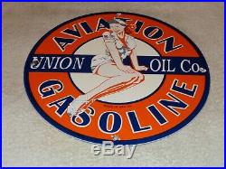 Vintage 1959 Union Aviation Pin Up Model 11 3/4 Porcelain Metal Gas & Oil Sign
