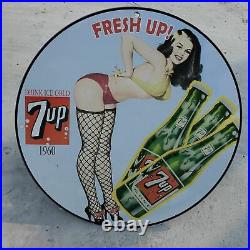 Vintage 1960 7up Fresh Up Ice Cold Soft Drink Beverage Porcelain Gas & Oil Sign