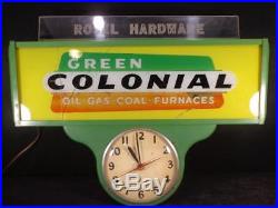 Vintage 1960's Gas Station Sign Light Clock Green Colonial Gas Oil Coal Furnace