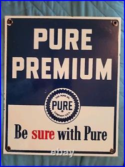 Vintage 1960s PURE PREMIUM GASOLINE AND OIL ADVERTISING PORCELAIN SIGN