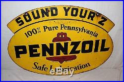 Vintage 1961 Pennzoil Sound Your Z Motor Oil Gas Station 2 Sided 31 Metal Sign