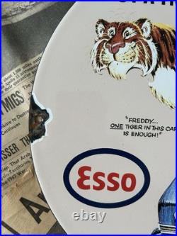 Vintage 1963 Esso Gasoline Oil Gas Station 12 Inch Porcelain Enamel Sign