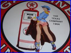 Vintage 1964 Texaco Filling Station Gasoline Pump Woman Porcelain Metal Oil Sign