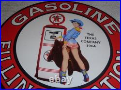 Vintage 1964 Texaco Filling Station Gasoline Pump Woman Porcelain Metal Oil Sign