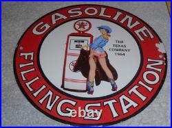 Vintage 1964 Texaco Filling Station Gasoline Pump Woman Porcelain Metal Oil Sign