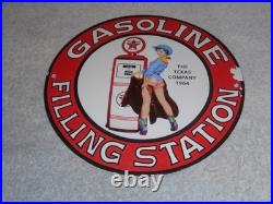 Vintage 1964 Texaco Filling Station Gasoline Pump Woman Porcelain Metal Oil Sign