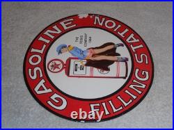 Vintage 1964 Texaco Filling Station Gasoline Pump Woman Porcelain Metal Oil Sign