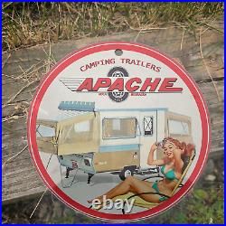 Vintage 1968 Apache Camping Trailers Porcelain Gas Oil 4.5 Sign