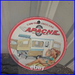 Vintage 1968 Apache Camping Trailers Porcelain Gas Oil 4.5 Sign