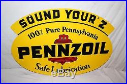 Vintage 1968 Pennzoil Sound Your Z Motor Oil Gas Station 2 Sided 31 Metal Sign