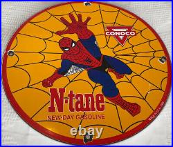 Vintage 1968 Spider Man Ntane Conoco Gasoline 12 Porcelain Metal Comic Oil Sign